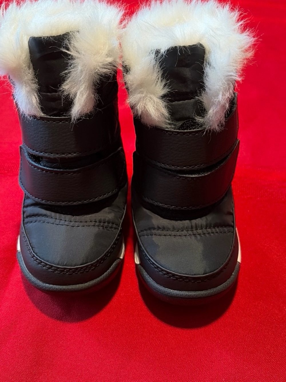 Sorel Black Kids Snow Boots with White Faux Fur Cuff